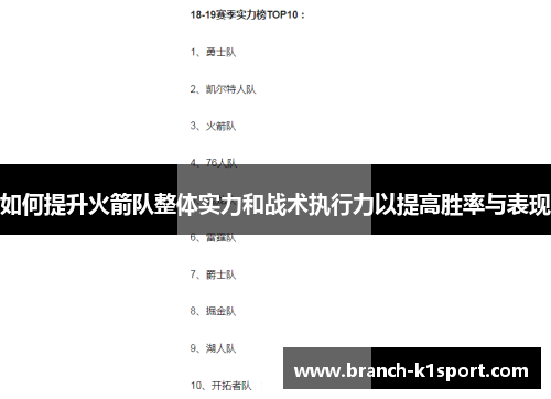 如何提升火箭队整体实力和战术执行力以提高胜率与表现