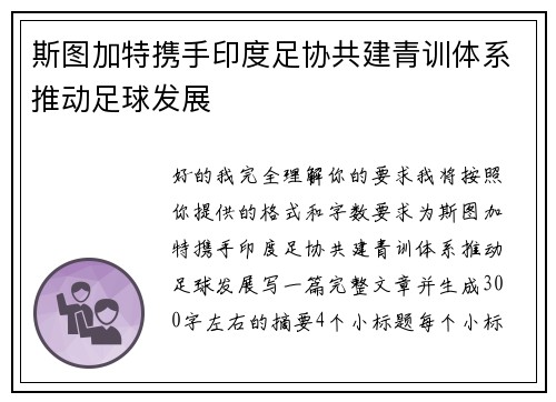 斯图加特携手印度足协共建青训体系推动足球发展 斯图加特携手印度足协共建青训体系推动足球发展