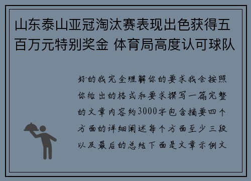 山东泰山亚冠淘汰赛表现出色获得五百万元特别奖金 体育局高度认可球队努力